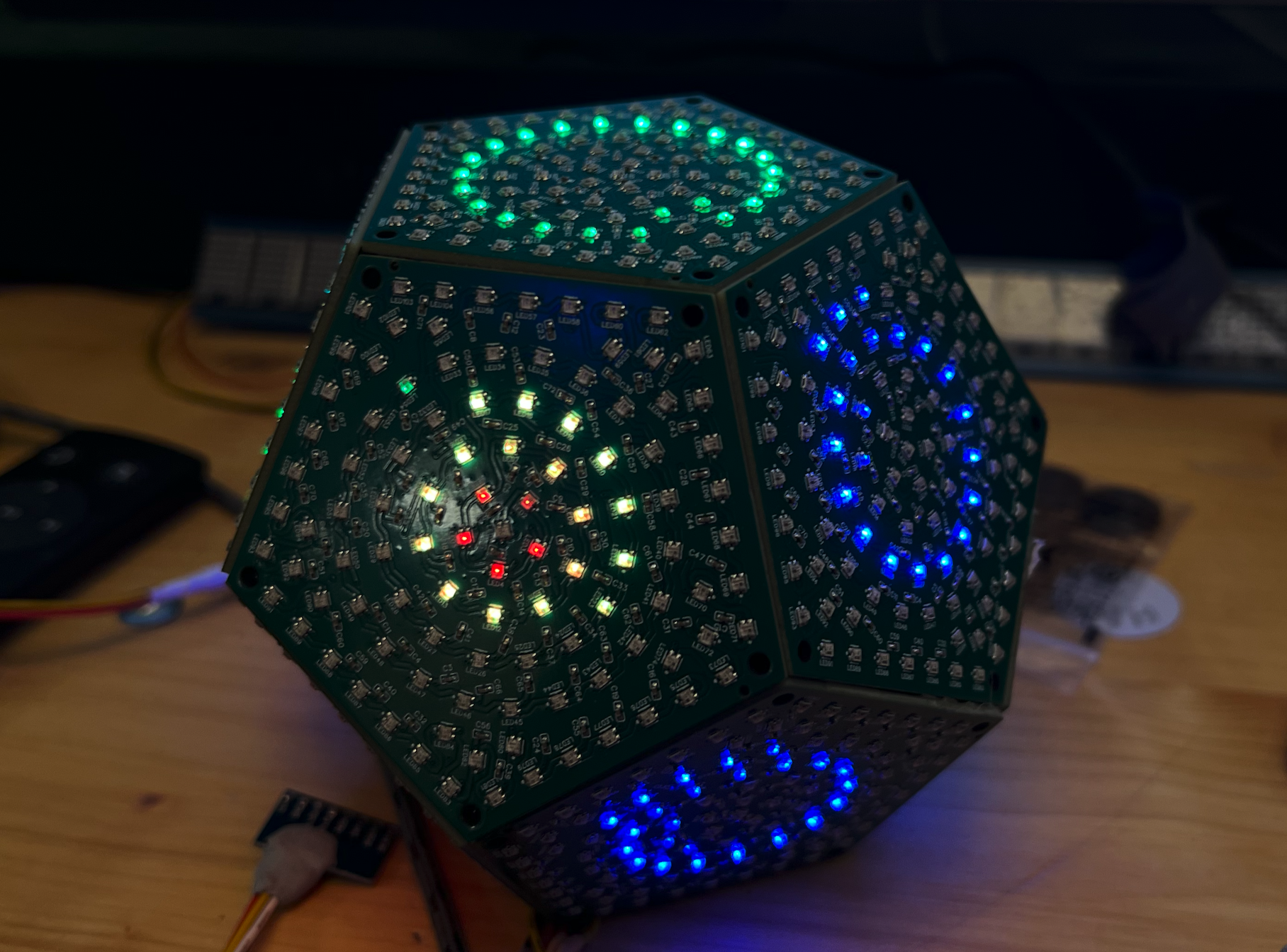 DodecaRGB V2 illuminated in a close-up of its custom LED PCBs